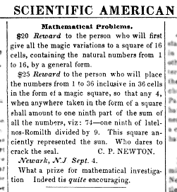 Scientific American Reward for 4x4 magic squares